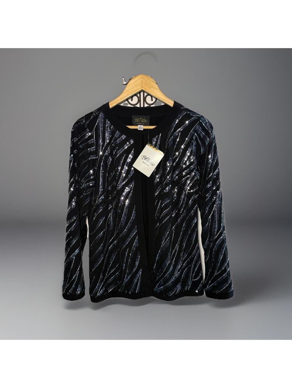 NWT Bob Mackie Wearable Art Sequin Zebra Cardigan Black XS Open Front